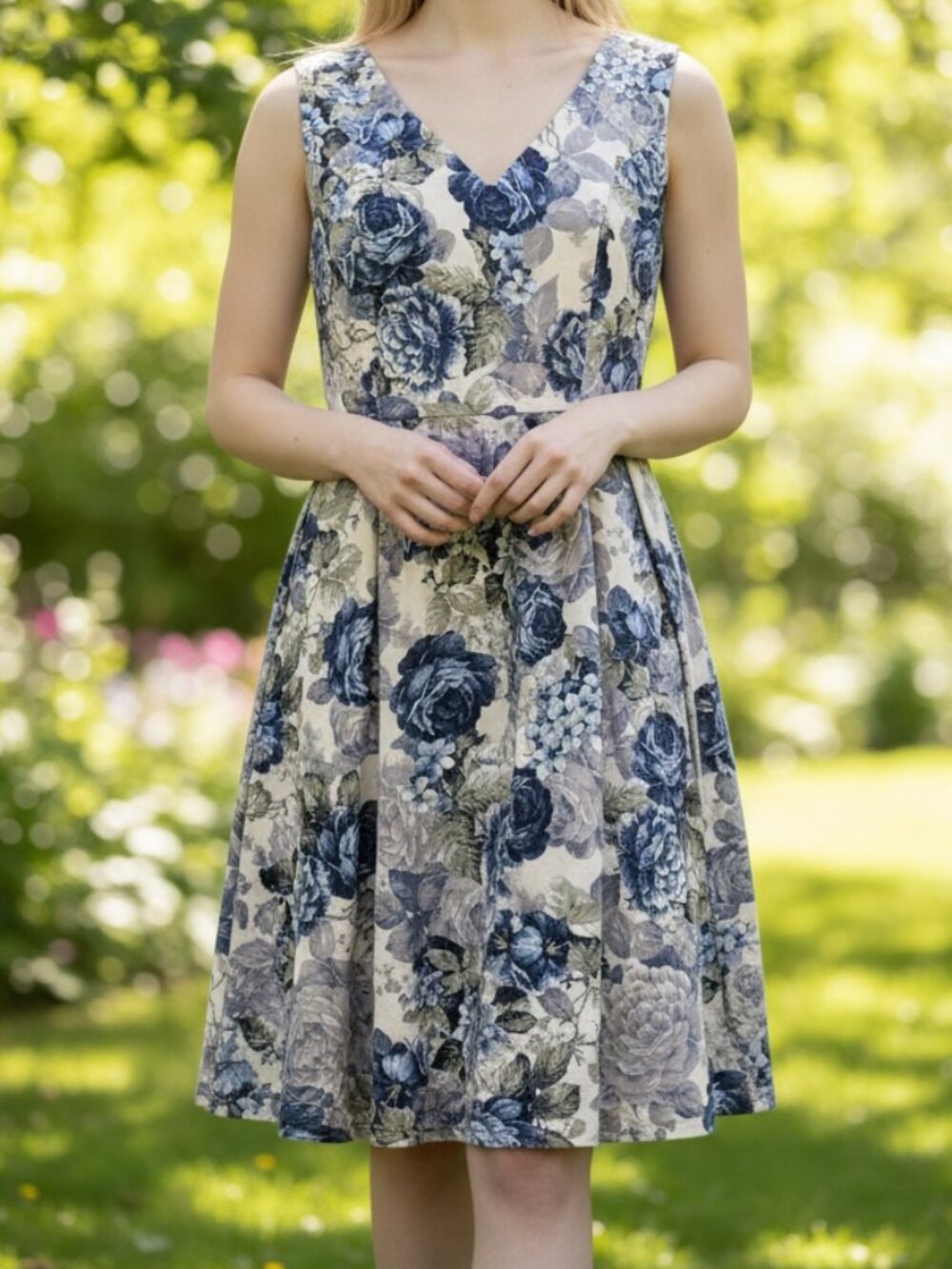 Blue Floral Fit & Flare Sleeveless Dress, Size Small